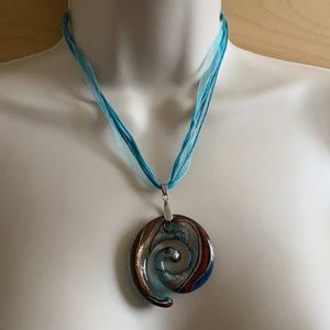 GLASS PENDANT NECKLACE TURQUOISE SHEER CORD